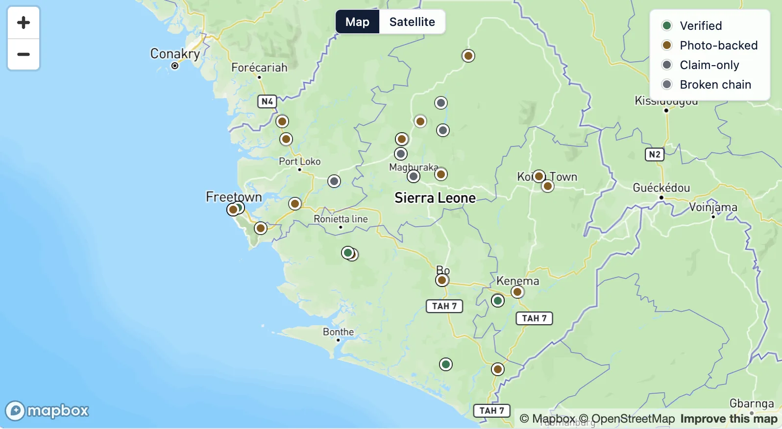 Map of Sierra Leone showing FieldIntel site markers by verification status