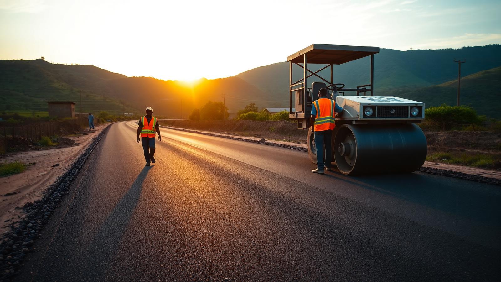 Road construction crew laying asphalt on a rural Sierra Leone road at sunset